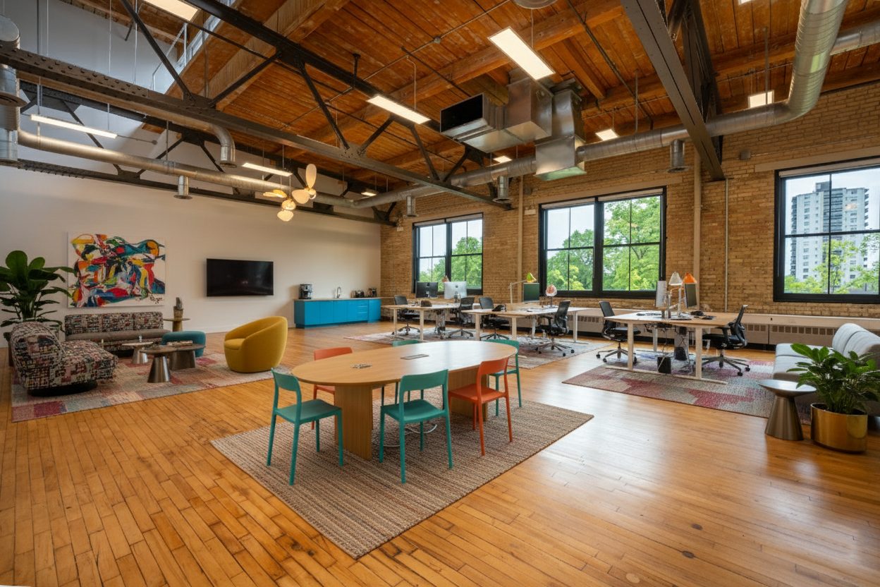 Unit 308B, with warm wood truss ceilings and park views